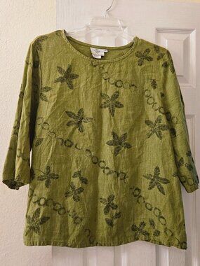 Vtg Hot Cotton olive green breathable 3/4 sleeve lagenlook Artsy top 1X